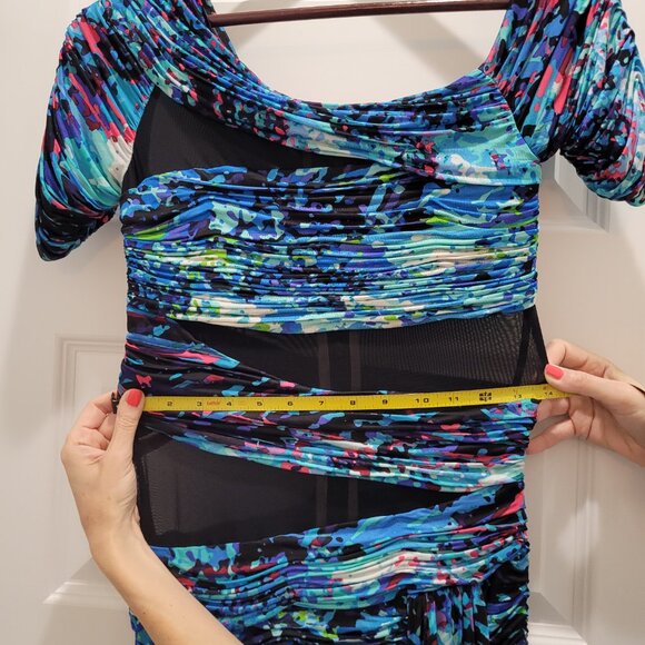 BCBG MAXAZRIA Runway Dress. Mesh Cutouts. Blue Abstract Bodycon. Size S. - Picture 8 of 16